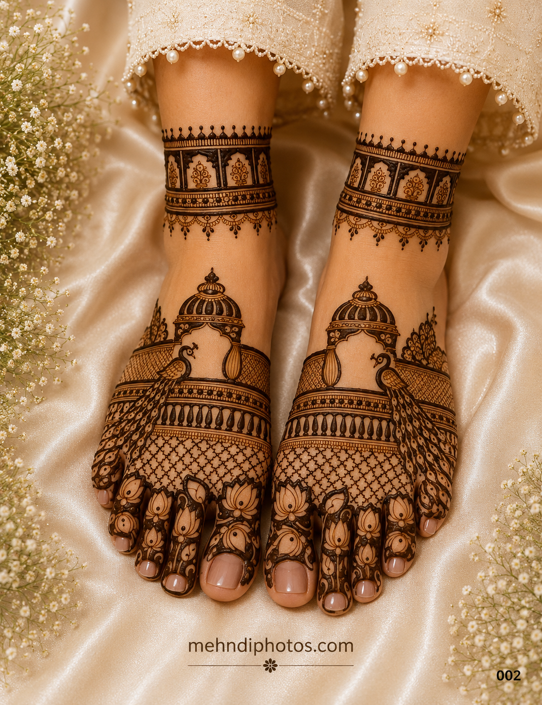 Royal bridal foot mehndi design on both feet featuring peacocks, palace arches, geometric jaali patterns, lotus toe motifs and ankle bands.