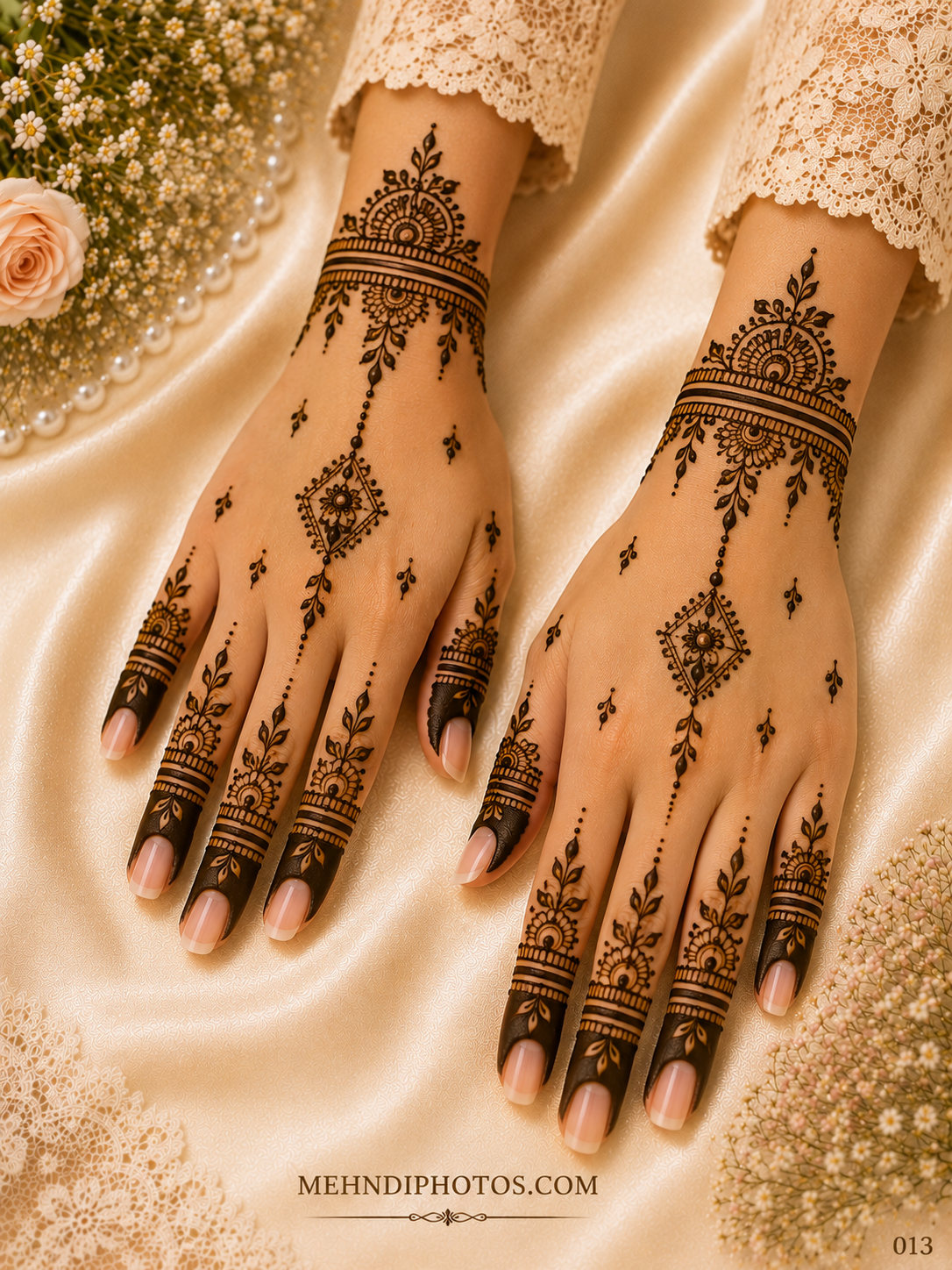 Simple back hand mehndi design on two hands with floral wrist bracelets, diamond-shaped pendant motifs, scattered leaves and decorated fingers.