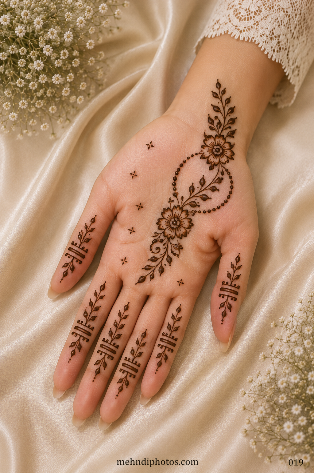 Simple front hand mehndi design with two connected flowers, a dotted circular loop, leafy vines, small floral dots and minimal finger patterns.