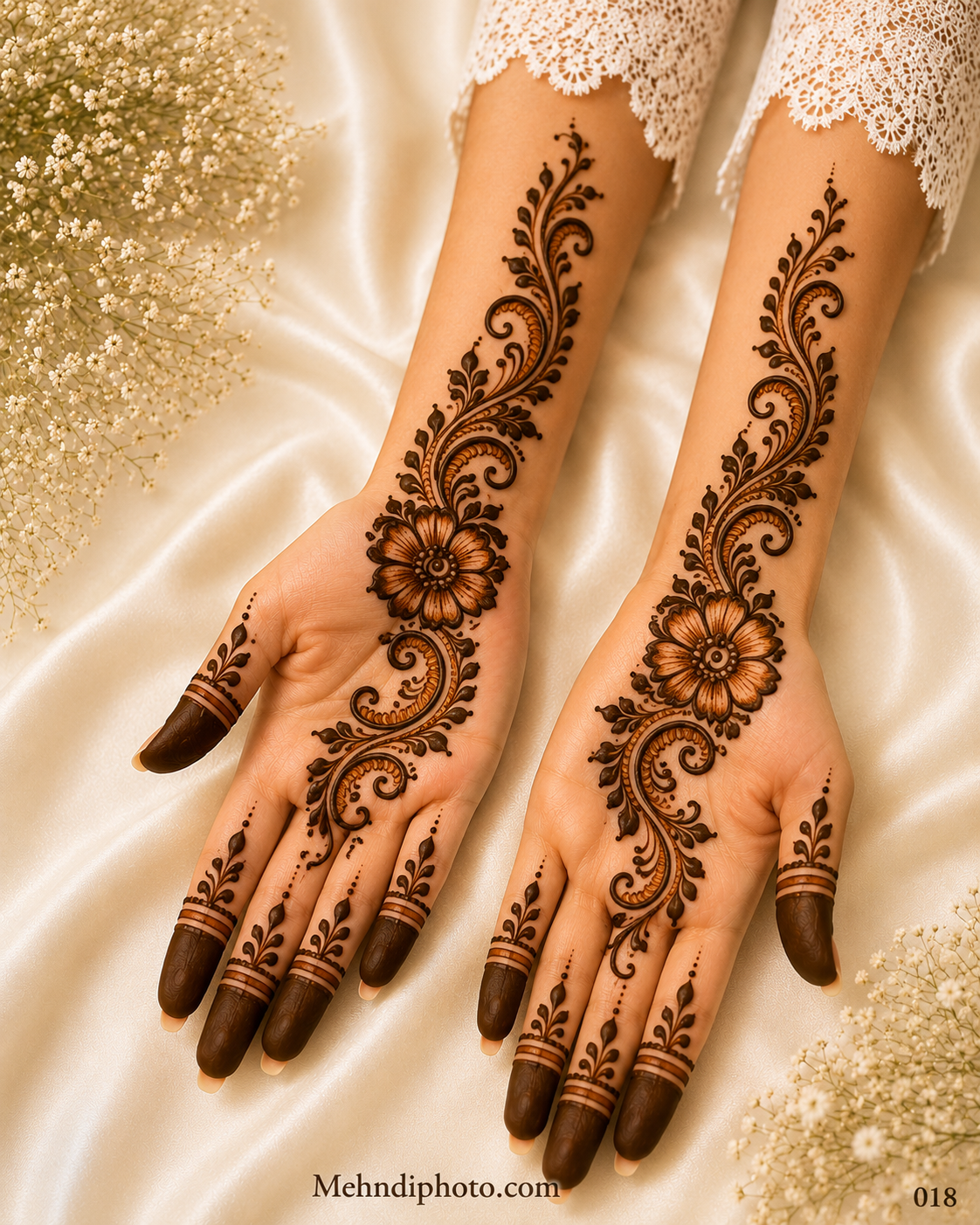 Elegant floral vine front hand mehndi design with large flower, flowing leafy vine, and paisley pattern extending from palm to forearm for girls and women.