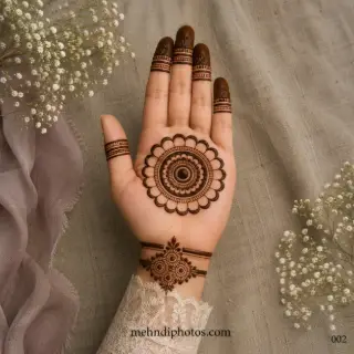 Simple finger mehndi design with a large round mandala on the palm, minimal finger bands, dark fingertips, and a floral wrist pattern in traditional Indian henna style.