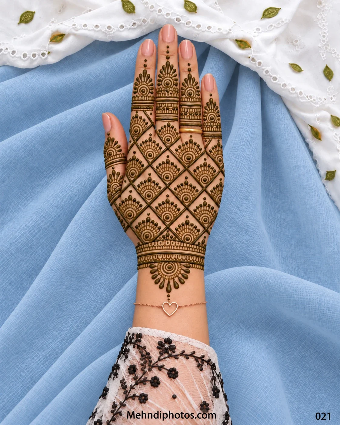 Geometric back hand mehndi design with diamond grid, half-moon motifs and detailed finger patterns 021