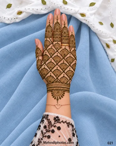 Geometric back hand mehndi design with diamond grid, half-moon motifs and detailed finger patterns 021