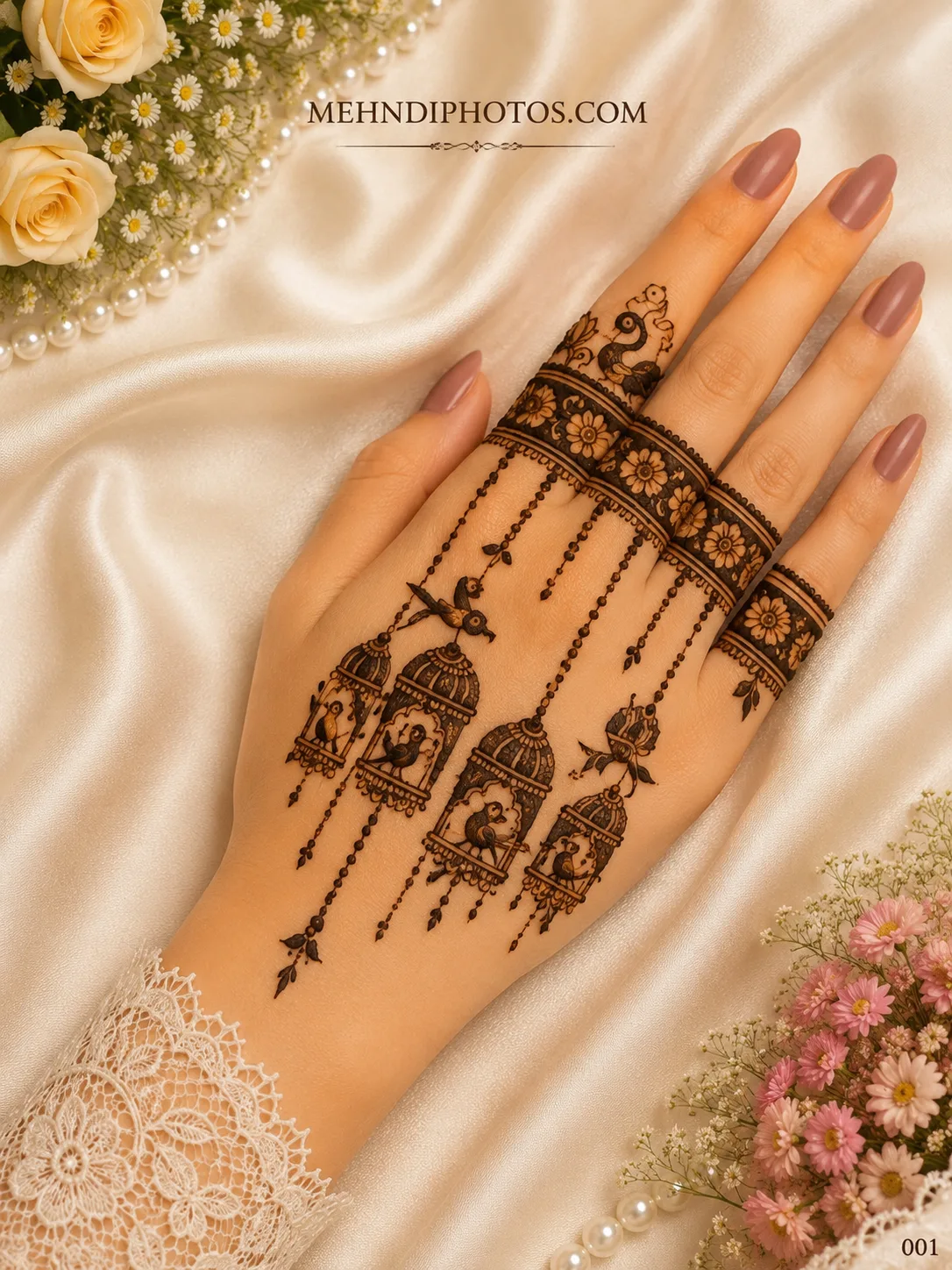 Simple back hand mehndi design featuring hanging bird cages, small birds, dotted chains and floral bands across the fingers.