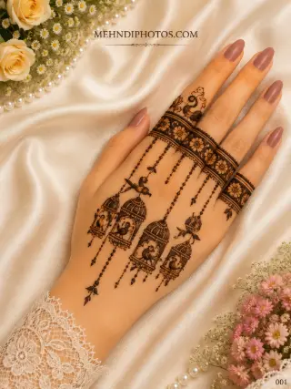 Simple back hand mehndi design featuring hanging bird cages, small birds, dotted chains and floral bands across the fingers.
