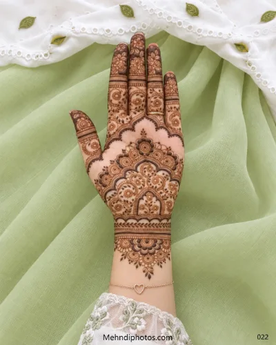 Front hand mehndi design with layered floral arches, circular motifs, scalloped borders, decorated fingertips, and an ornamental wrist pattern.