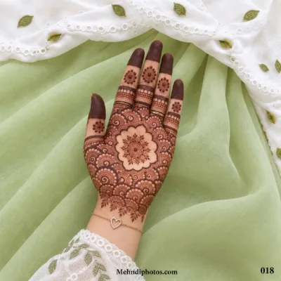 Full palm mehndi design with a large floral mandala, layered lace patterns, spirals, decorative finger bands, dark fingertips, and leafy details.