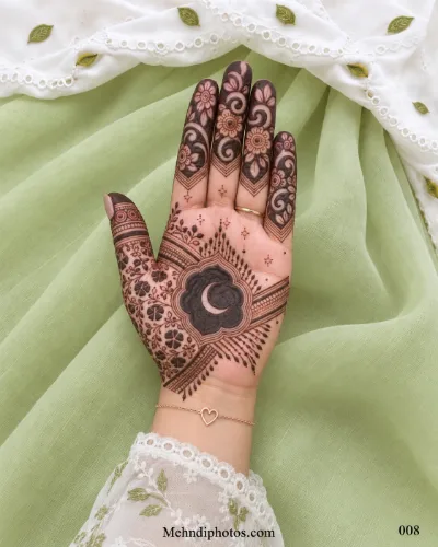 Front hand with a crescent moon inside a dark floral medallion, diagonal mehndi bands, leafy details and bold floral finger patterns.