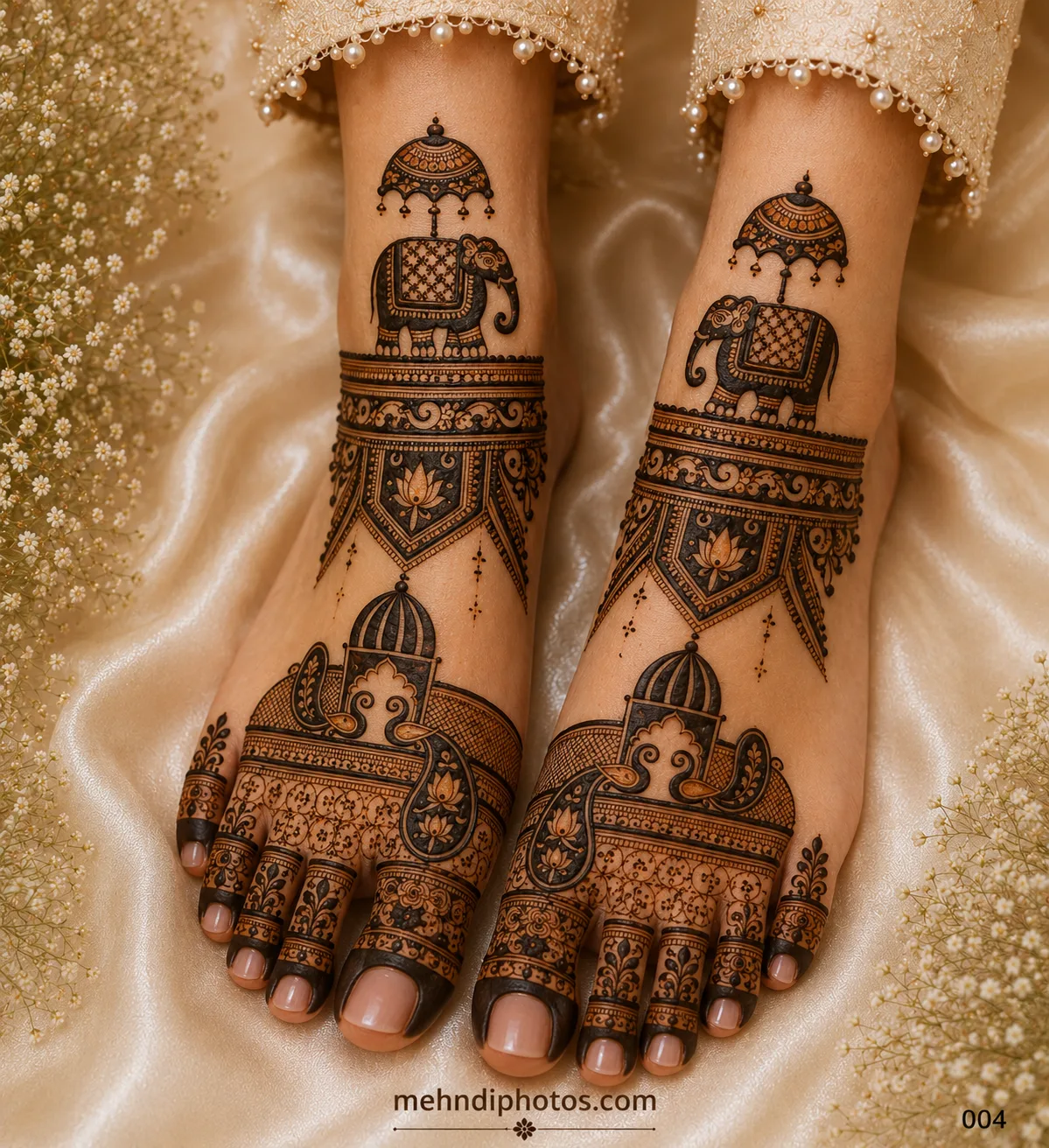 Royal bridal foot mehndi design on both feet with elephants, decorative umbrellas, lotus panels, palace domes, paisley motifs and detailed toes.