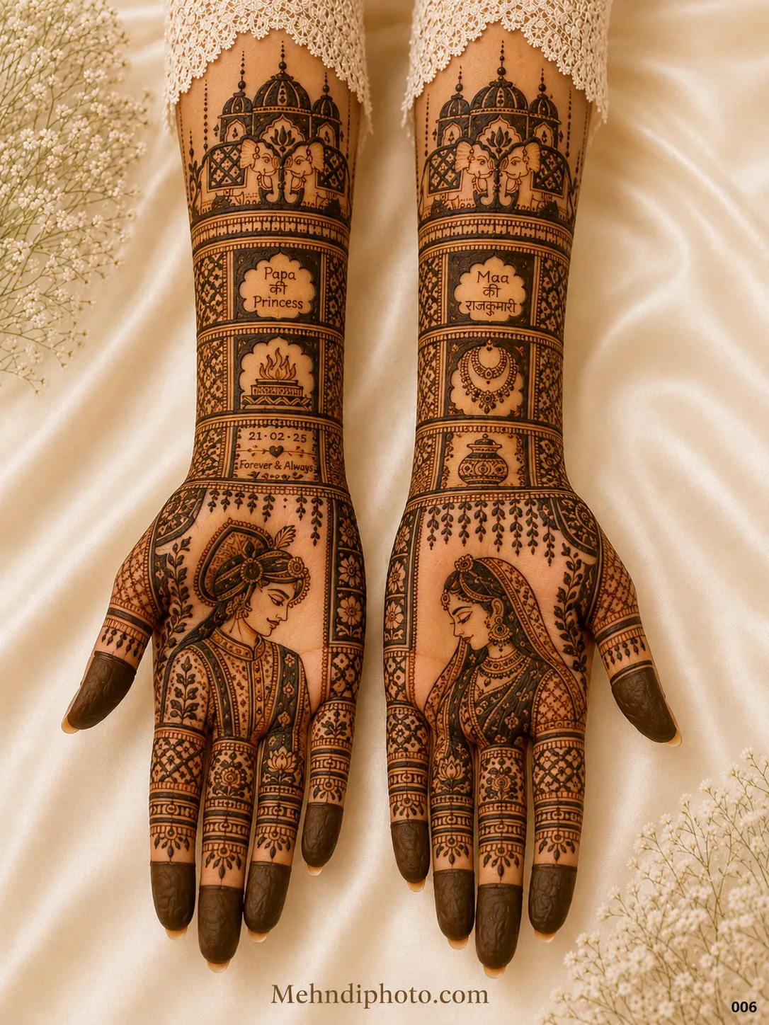 Personalized full hand bridal mehndi design with bride and groom portraits, elephants, palace motifs, family messages and wedding symbols.