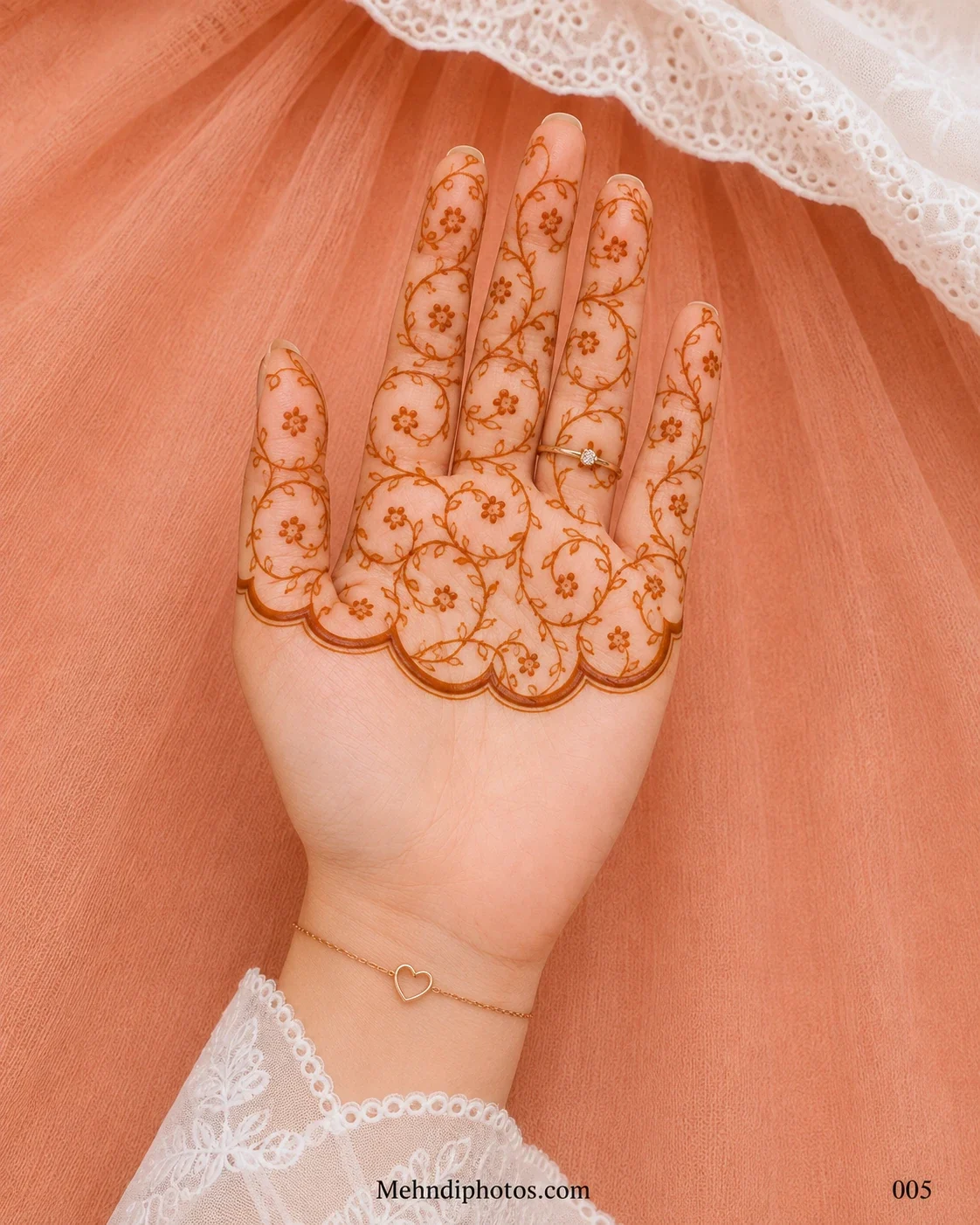 Front hand with looping floral vines across the fingers and upper palm, finished with a bold scalloped mehndi border.