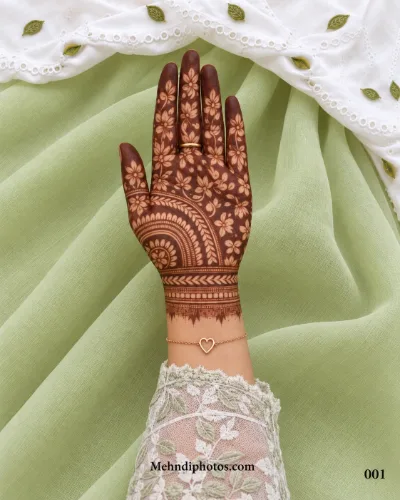 Front hand with a detailed Muslim mehndi design featuring negative-space flowers, leafy patterns, a semicircular palm motif and layered wrist bands.