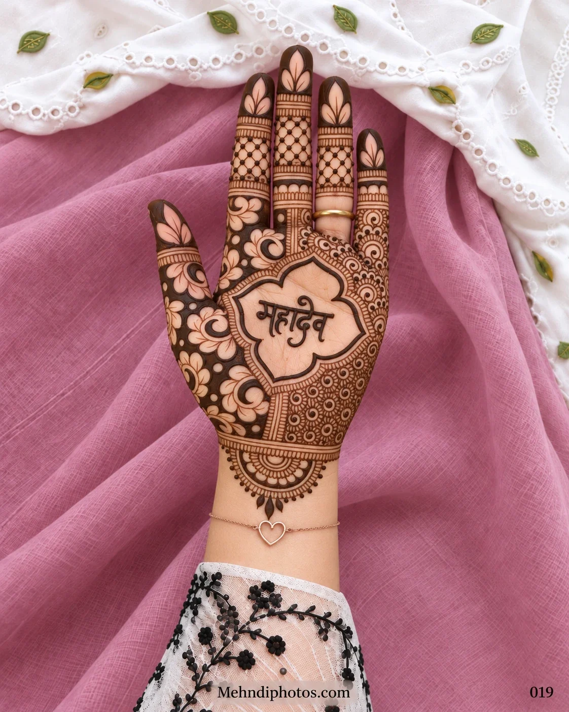 Diwali front hand mehndi design featuring Mahotsav in Hindi calligraphy, floral negative space, circular lacework, netted fingers, and a hanging wrist mandala.