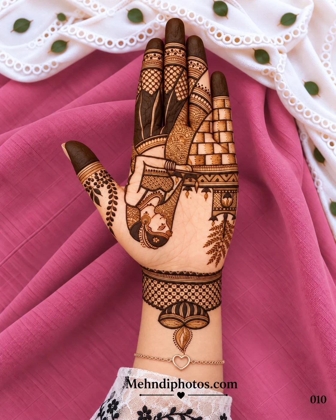 Artistic Diwali front hand mehndi with a traditional woman motif, geometric fingers, shaded panels, hanging ornaments, leaves, and lotus wrist art.