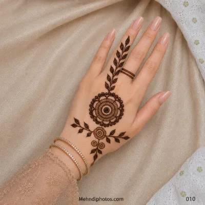 Back hand with a central floral mandala, a leafy vine extending along one finger and a smaller flower with leaves near the wrist.