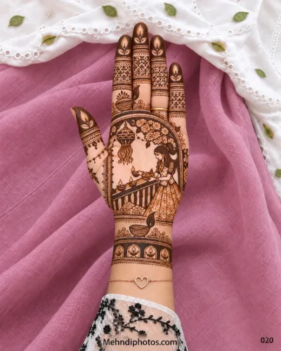 Diwali front hand mehndi design showing a traditionally dressed woman lighting diyas on a balcony beneath a hanging lantern and floral arch.