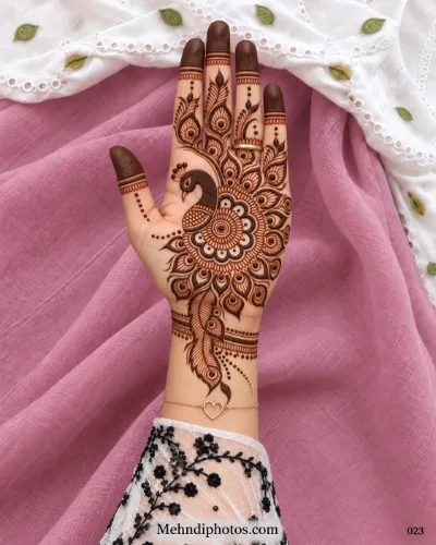 Diwali front hand mehndi design featuring a peacock, circular floral mandala, flowing peacock-eye feathers, dark fingertips, and a long wrist feather.
