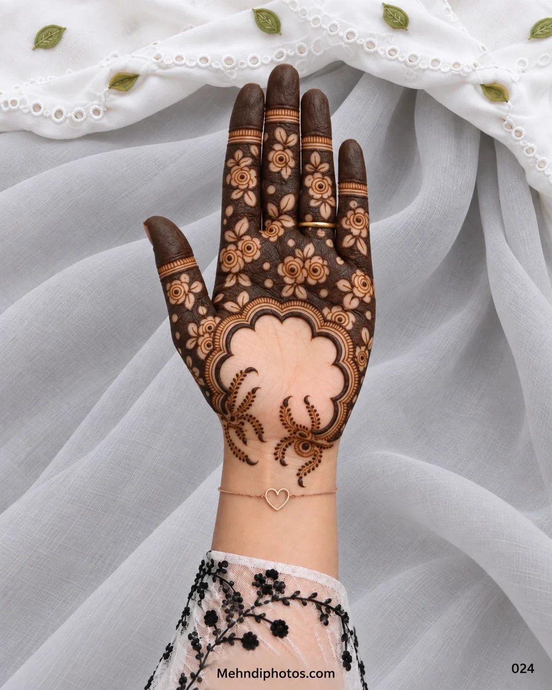 Eid front hand mehndi with negative-space flowers, dark fingertips, an open scalloped palm frame, and dotted sprays near the wrist.