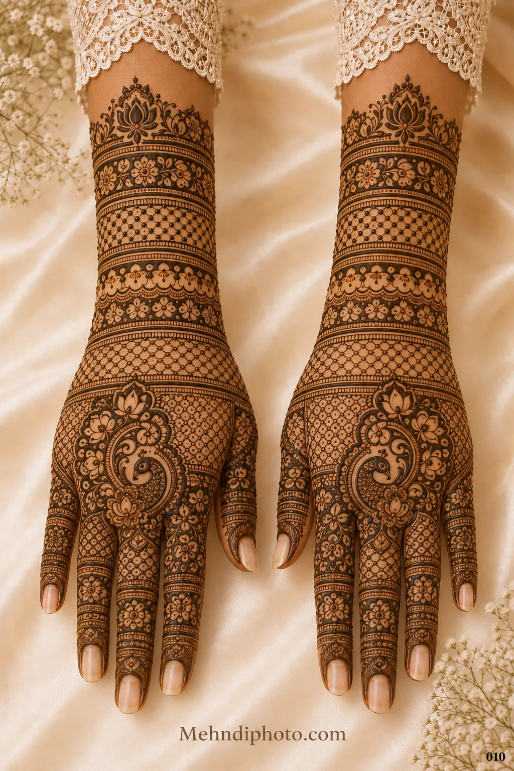 Full back hand bridal mehndi design on both hands featuring peacock motifs, lotus flowers, floral jaali patterns and detailed finger artwork.