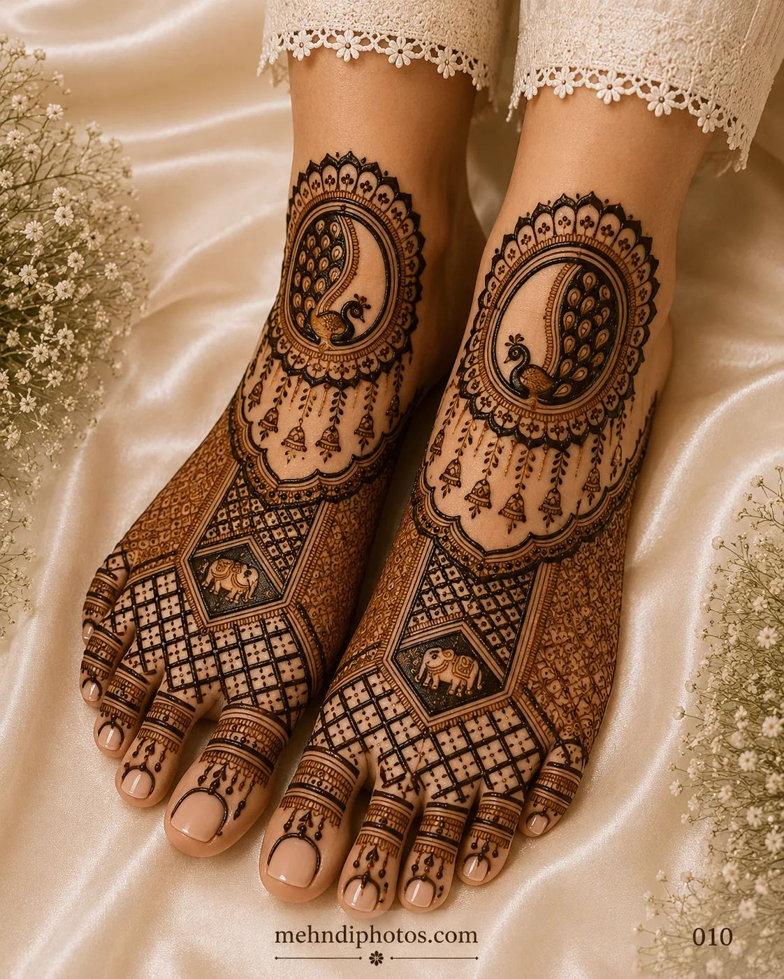 Royal peacock foot mehndi design with intricate geometric patterns, decorative borders, and traditional bridal henna covering both feet.