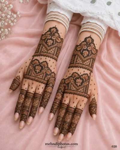 Engagement full hand mehndi design featuring floral arch motifs, fine lattice patterns, dotted details and intricate finger designs.