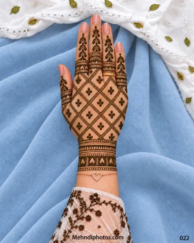 Diamond grid back hand mehndi design with leafy finger patterns, small floral motifs and decorative wrist band 022