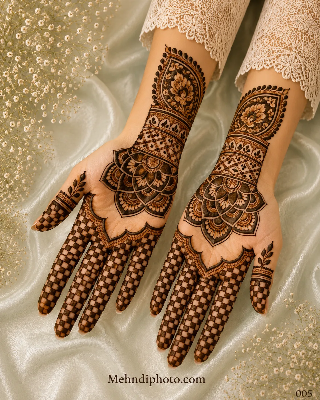 Symmetrical front hand mehndi design with large lotus mandalas on both palms, checkerboard finger patterns and detailed decorative wrist bands.