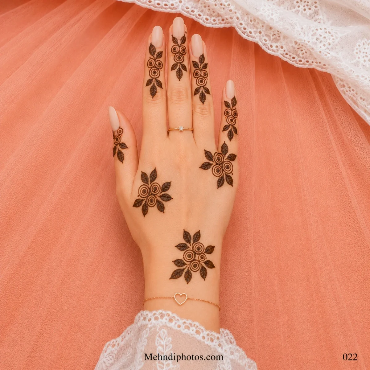 Back hand with spiral rose mehndi clusters, shaded leaves and matching floral motifs arranged across the fingers, hand and wrist.
