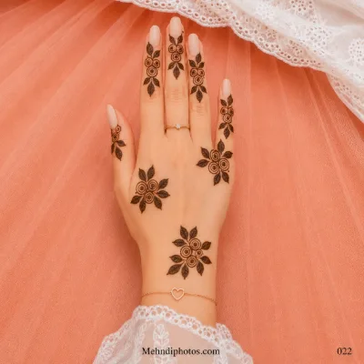 Back hand with spiral rose mehndi clusters, shaded leaves and matching floral motifs arranged across the fingers, hand and wrist.