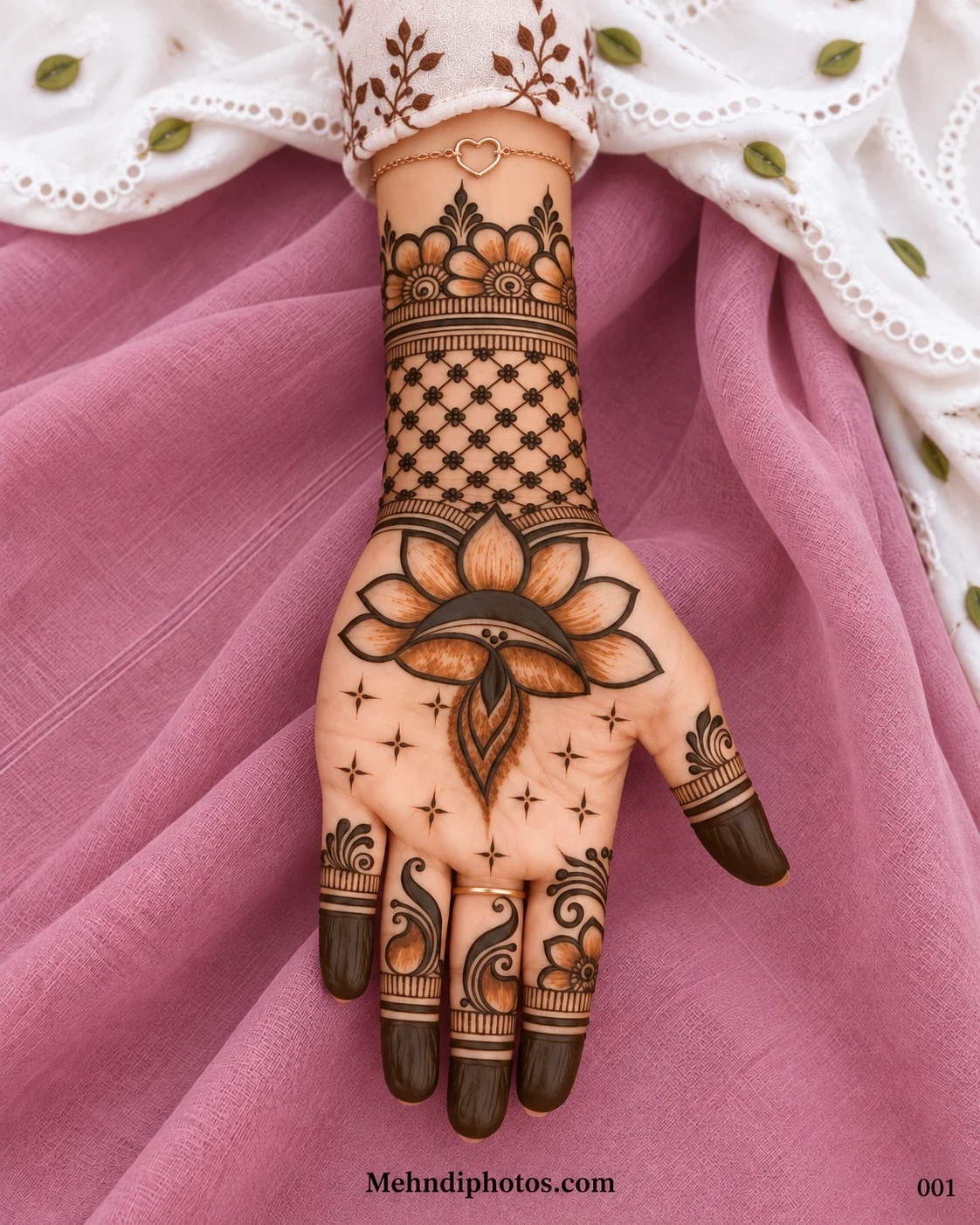 Diwali front hand mehndi design featuring a shaded lotus, star-like accents, dark fingertips, paisley finger motifs, floral netting, and a wrist border.
