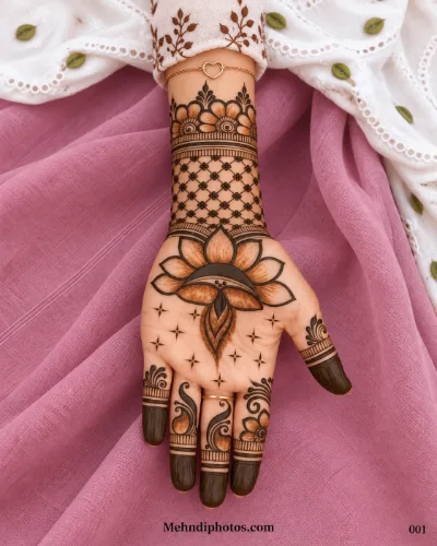 Diwali front hand mehndi design featuring a shaded lotus, star-like accents, dark fingertips, paisley finger motifs, floral netting, and a wrist border.