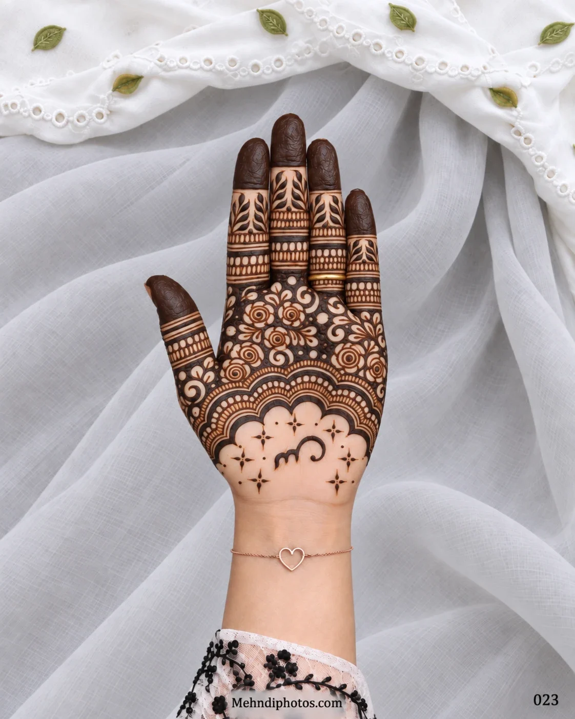 Eid front hand mehndi featuring dense spiral flowers above a layered scalloped arch with starbursts, a central flourish, and dark fingertips.