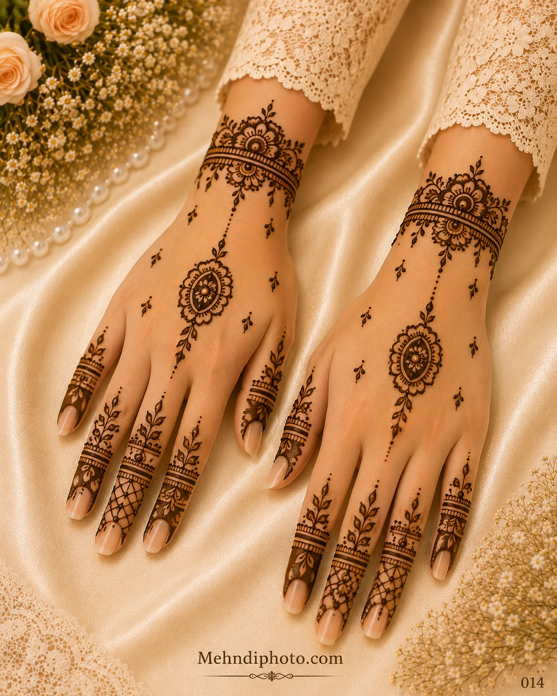 Simple back hand mehndi design on two hands with oval floral pendant motifs, wrist bracelets, leafy fingers and delicate jaali patterns.