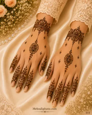 Simple back hand mehndi design on two hands with oval floral pendant motifs, wrist bracelets, leafy fingers and delicate jaali patterns.