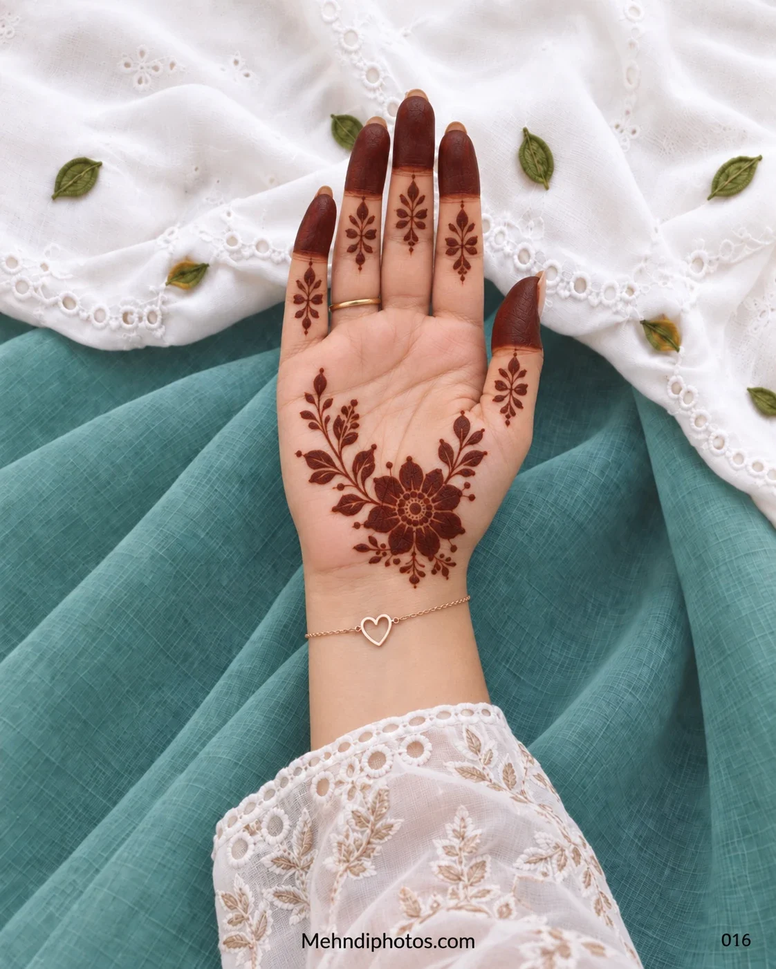 Front hand with bold shaded flower, leafy vines, and covered fingertips