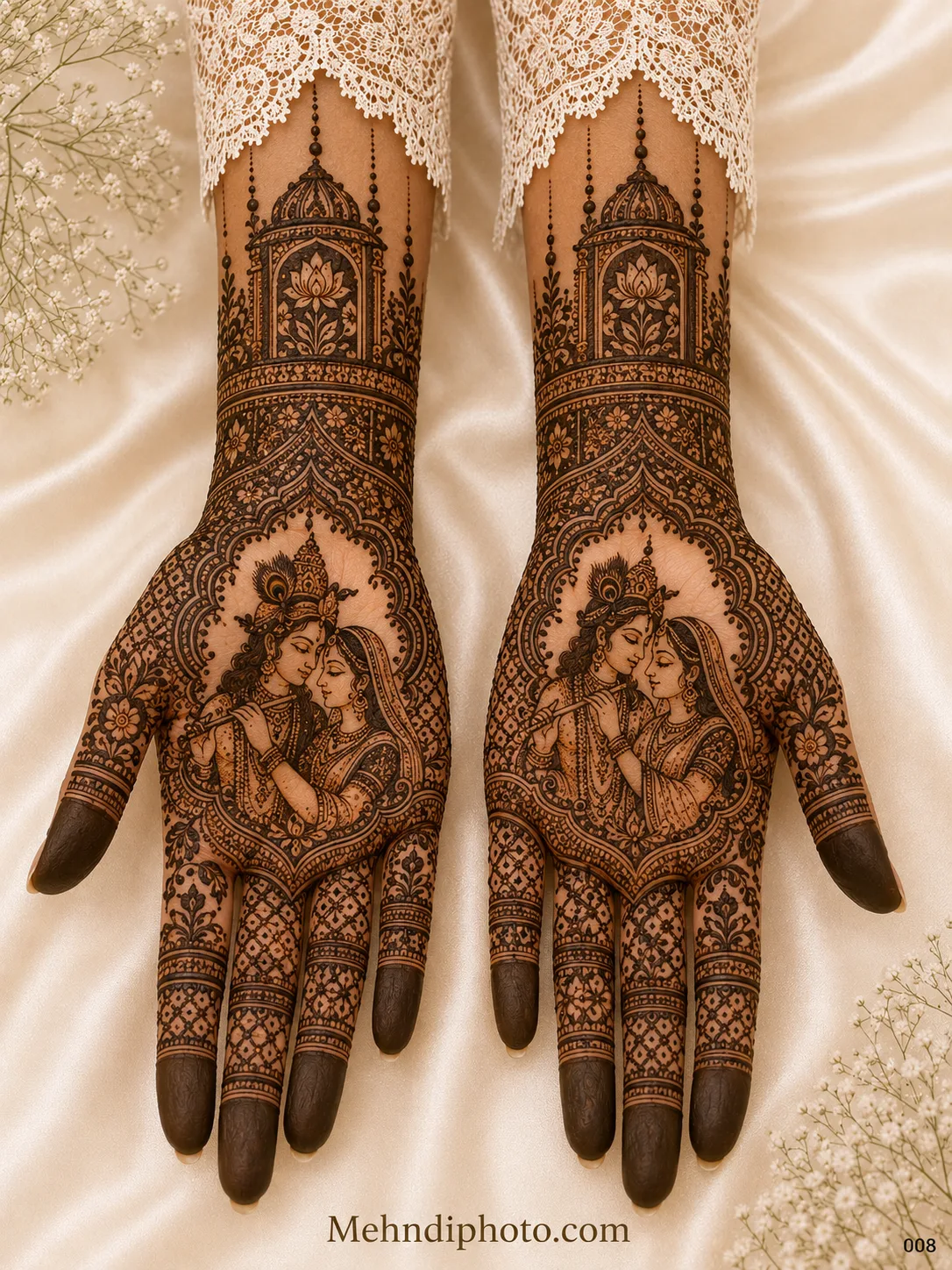 Radha Krishna full hand bridal mehndi design on both palms with divine couple portraits, temple arches, lotus motifs and intricate finger patterns.