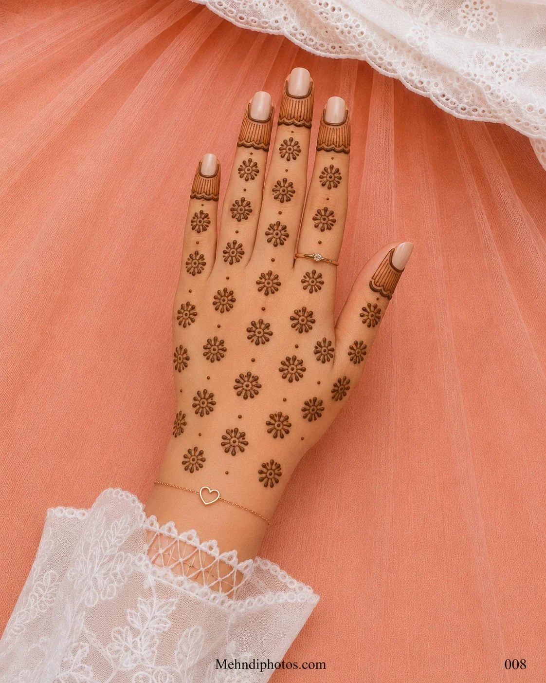 Back hand decorated with small daisy mehndi flowers, tiny dots and striped fingertip panels featuring scalloped borders.