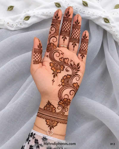 Elegant Arabic Eid mehndi with a diagonal floral vine, spiral curves, leafy accents, net finger bands, open spacing, and a floral wrist border.