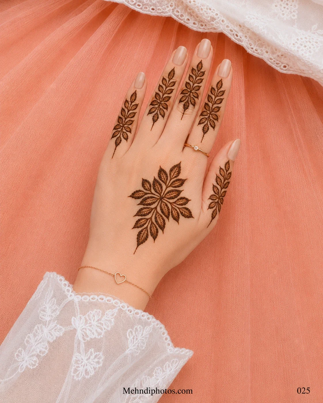 Back hand with a large central arrangement of detailed leaves and matching leafy mehndi branches extending along every finger and thumb.