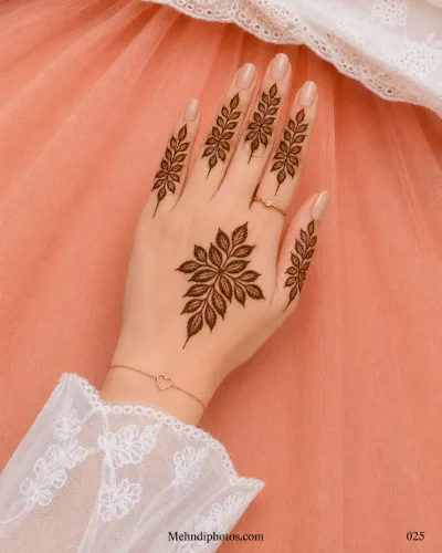 Back hand with a large central arrangement of detailed leaves and matching leafy mehndi branches extending along every finger and thumb.