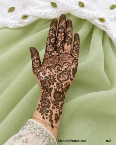 Front hand mehndi design with bold spiral roses, leafy branches, curling vines, dotted details, dark floral fingers, and shaded fingertips.