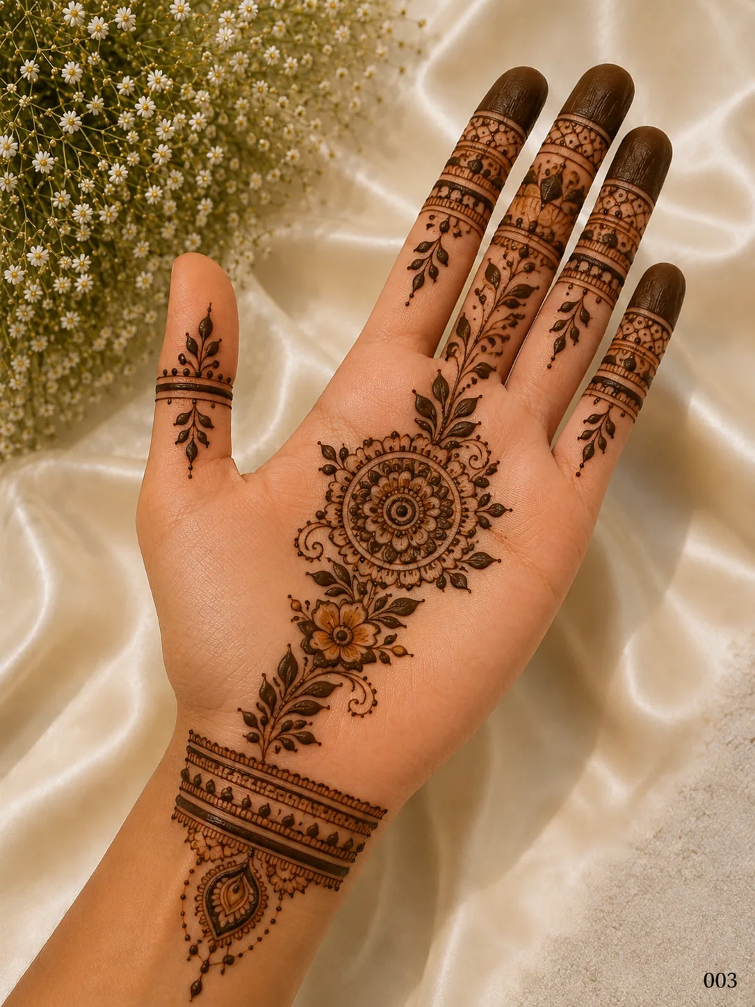 Simple front hand mehndi design featuring a central floral mandala, leafy vines, wrist bracelet pattern, finger bands and dark shaded fingertips.