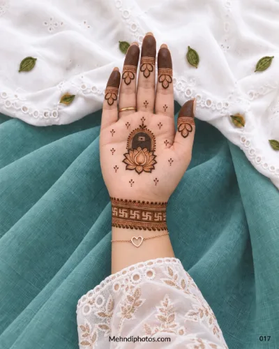 Front hand with Shivling, lotus, petal fingers, and swastika wrist band