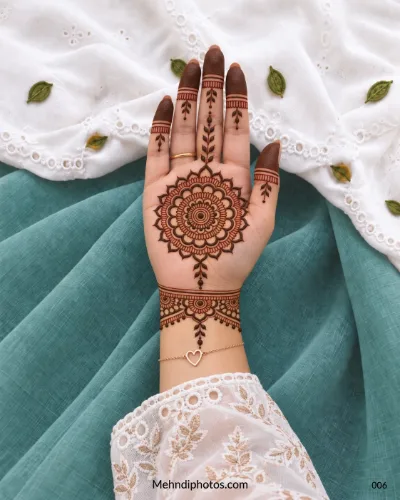 Front hand with layered floral gol tikki, leafy trails, and wrist cuff mehndi