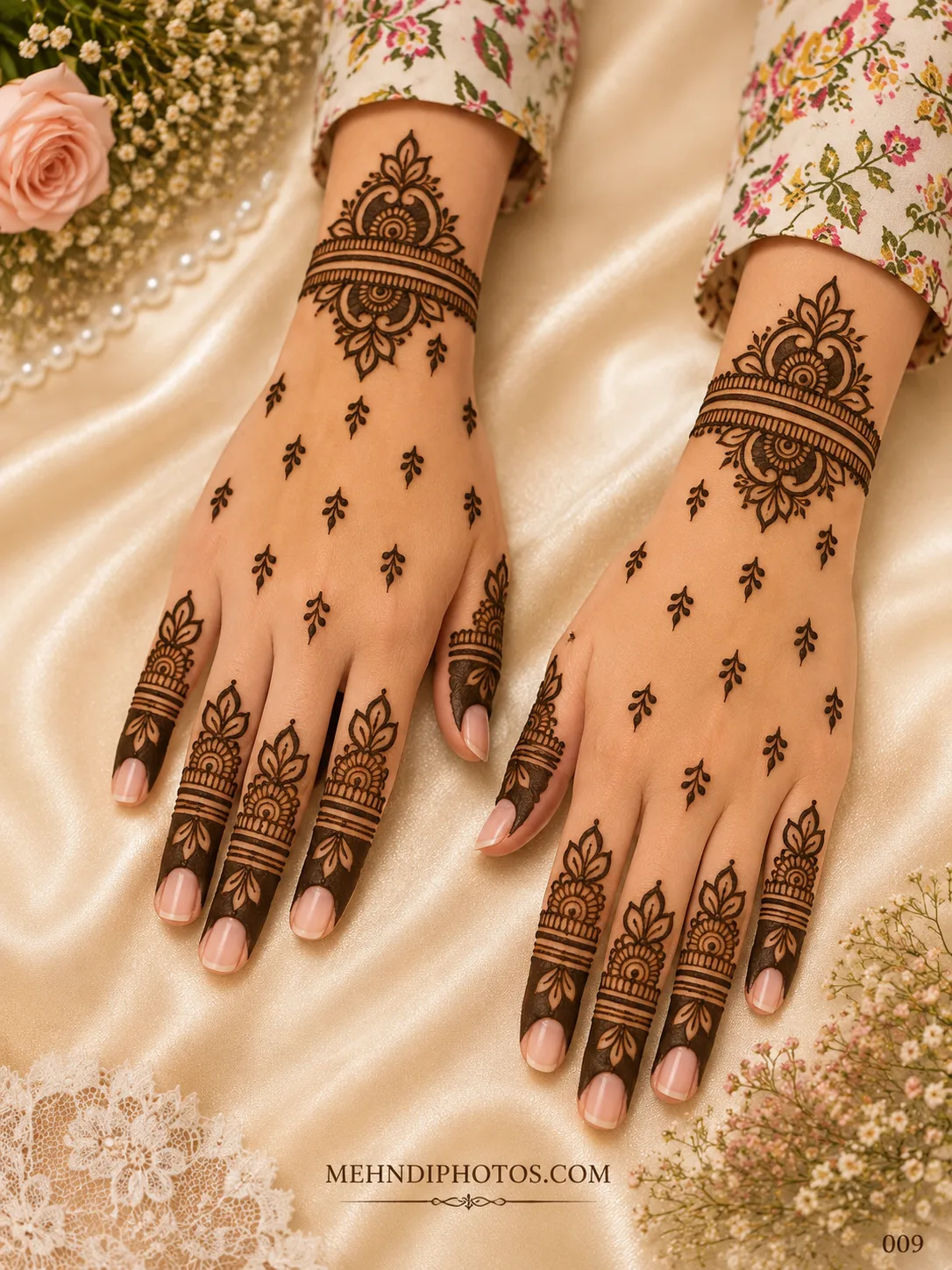 Minimal back hand mehndi design on both hands with floral wrist bracelets, scattered leaf motifs, decorated fingers and shaded fingertips.