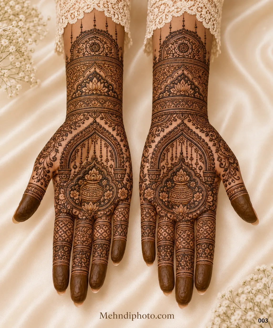 Traditional full hand bridal mehndi design with kalash motifs, lotus details, arch patterns and intricate finger designs on both palms and forearms.