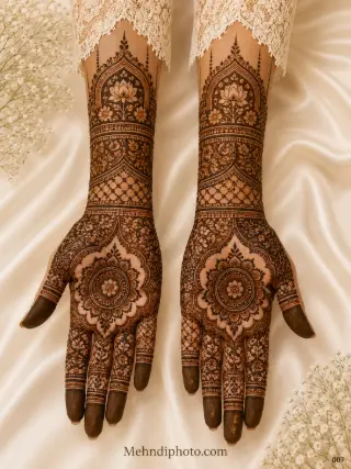 Lotus mandala full hand bridal mehndi design on both palms with floral motifs, royal arch patterns, jaali details and dark fingertips.
