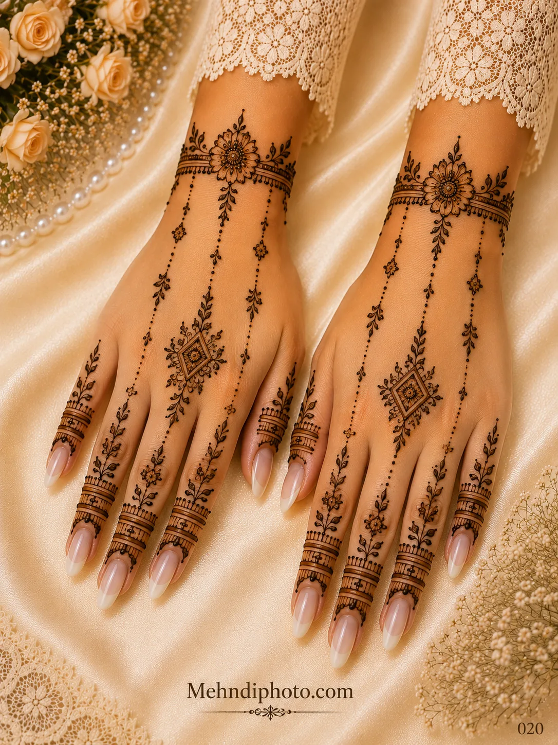 Simple back hand mehndi design on two hands with floral wrist bracelets, diamond-shaped motifs, dotted hanging chains and leafy finger patterns.