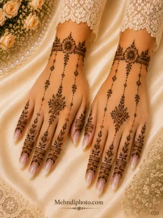 Simple back hand mehndi design on two hands with floral wrist bracelets, diamond-shaped motifs, dotted hanging chains and leafy finger patterns.