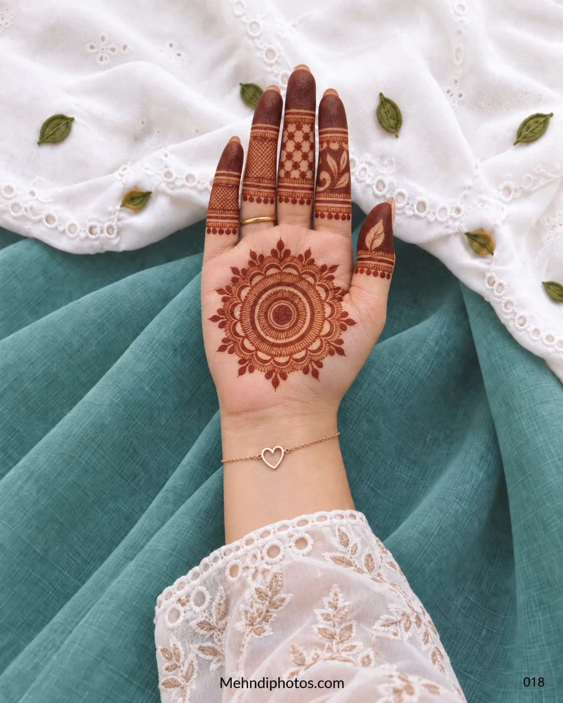 Front hand with layered leafy gol tikki and patterned finger panels